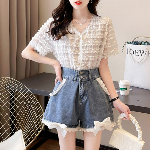 RM15845#夏季新款日系甜美设计感小众V领蕾丝衫短袖上衣