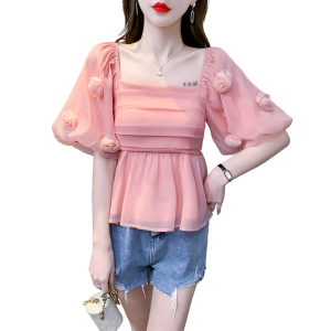 RM10960#夏装短袖泡泡袖花朵超仙甜美修身上衣夏季雪纺衫方领纯色