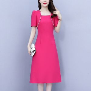 RM9454#大码女装小外套拼接假两件名媛风夏季纯色短袖圆领套头连衣裙