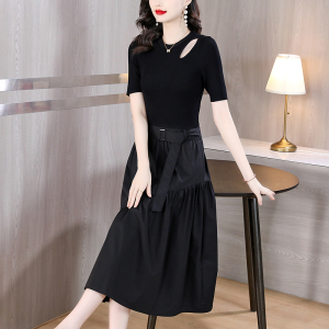 RM11690#法式黑色短袖连衣裙女2023夏季新款中长款针织拼接收腰裙子