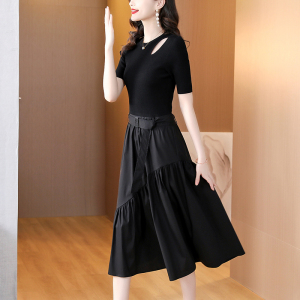 RM11690#法式黑色短袖连衣裙女2023夏季新款中长款针织拼接收腰裙子