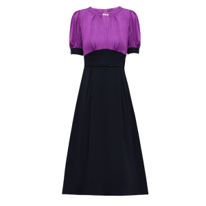 RM19301#大码女装紫色高腰拼接时尚修身显瘦连衣裙名媛风超修身中长裙