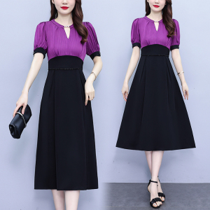 RM9456#大码女装紫色高腰拼接时尚修身显瘦连衣裙名媛风超修身中长裙