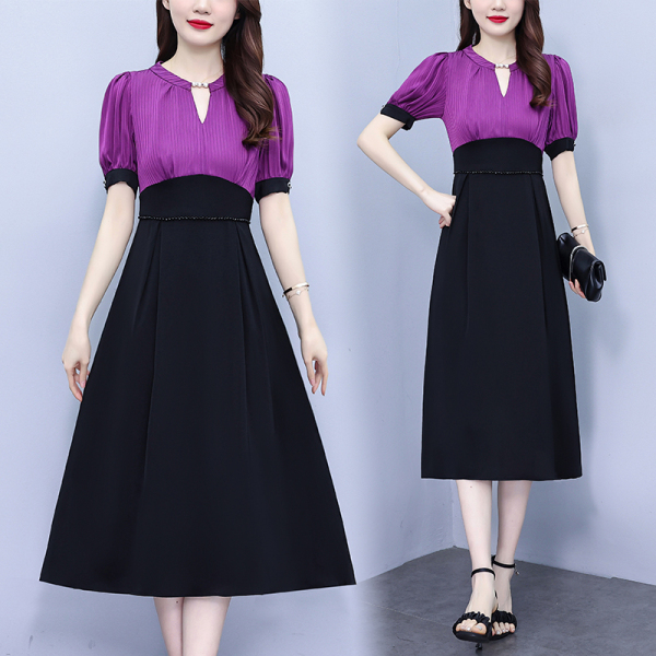 RM19301#大码女装紫色高腰拼接时尚修身显瘦连衣裙名媛风超修身中长裙