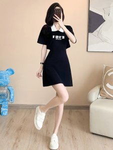 RM10385#黑色休闲polo领运动连衣裙女夏季显瘦气质小个子短袖时尚T恤裙子