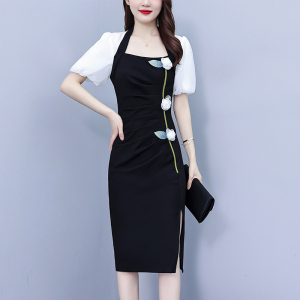 RM9455#大码女装天丝罗马重工业绣花花朵黑白拼接时尚修身淑女连衣裙