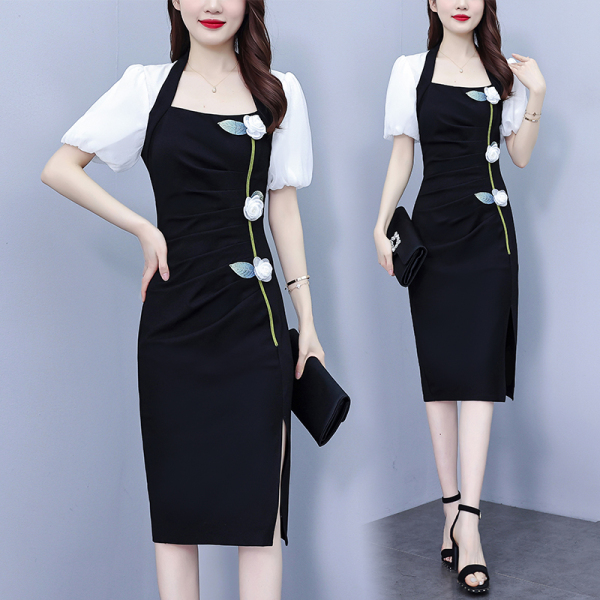 RM9455#大码女装天丝罗马重工业绣花花朵黑白拼接时尚修身淑女连衣裙