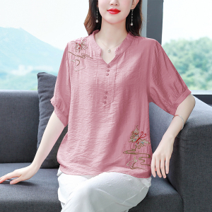 RM9602#高端宽松棉麻刺绣上衣2023夏季新款短袖妈妈减龄时尚遮肚显瘦衬衫