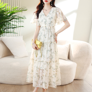 RM11982#夏季新款蛋糕裙印花高级提花气质显高遮肉仙气飞飞袖连衣裙