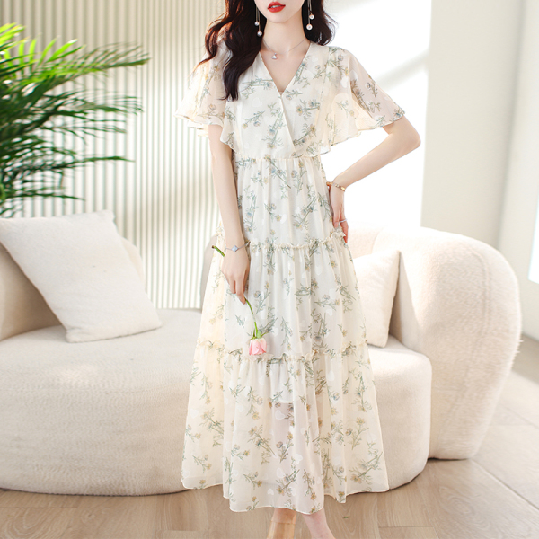 RM11982#夏季新款蛋糕裙印花高级提花气质显高遮肉仙气飞飞袖连衣裙