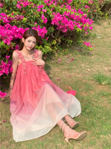RM8846#度假拍照沙滩长裙海边粉色渐变雪纺连衣裙超仙长裙女