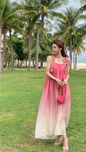 RM8846#度假拍照沙滩长裙海边粉色渐变雪纺连衣裙超仙长裙女
