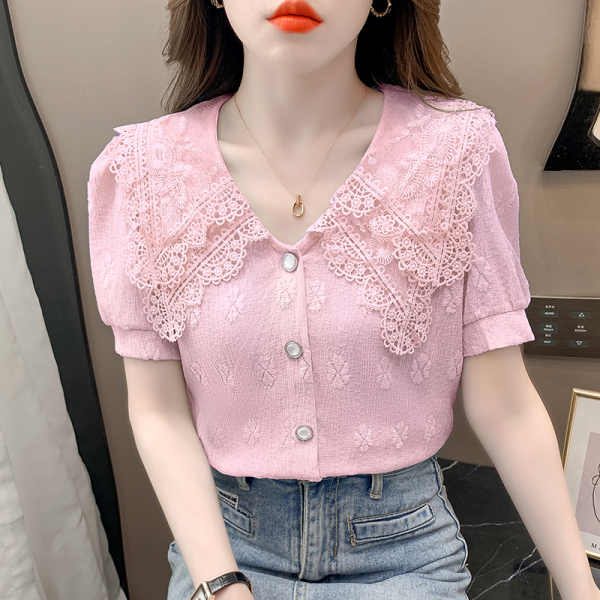 RM14269#夏装新款韩版甜美蕾丝大翻领短袖排扣雪纺衬衫