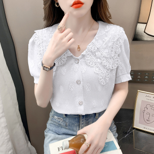 RM14269#夏装新款韩版甜美蕾丝大翻领短袖排扣雪纺衬衫