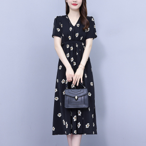 RM8745#大码女装2023夏季新款时尚休闲印花气质显瘦V领中长款连衣裙