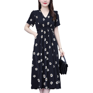 RM8745#大码女装2023夏季新款时尚休闲印花气质显瘦V领中长款连衣裙