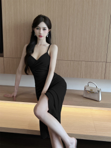 High slit pleated long wrap buttocks dress with drawstring long skirt