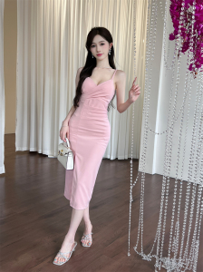 High slit pleated long wrap buttocks dress with drawstring long skirt