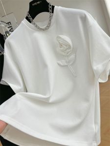 RM8932#重工立体花朵纯棉重磅圆领短袖T恤女夏新款上衣