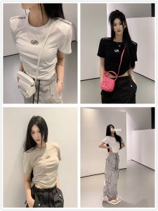 TR26615# 夏季新款韩版肩位字母印花设计款时髦短款显瘦上衣女 服装批发女装批发货源