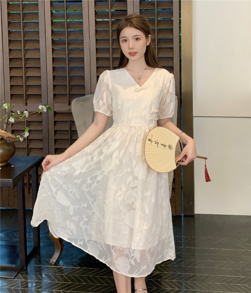 RM8546#新中式温柔风甜美V领短袖连衣裙女收腰显瘦长裙气质公主裙
