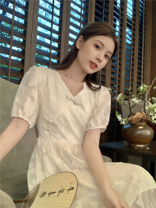 RM8546#新中式温柔风甜美V领短袖连衣裙女收腰显瘦长裙气质公主裙