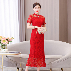 RM8787#新款改良旗袍优雅蕾丝气质长款夏季显瘦修身短袖民族风连衣裙