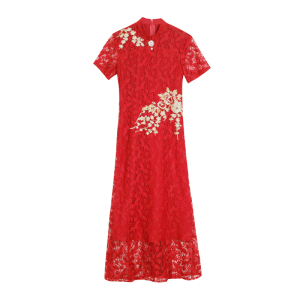 RM8787#新款改良旗袍优雅蕾丝气质长款夏季显瘦修身短袖民族风连衣裙