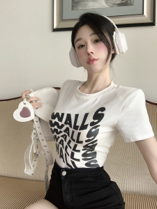 RM18088#时尚印花字母短袖T恤女韩版垫肩休闲百搭显瘦上衣ins