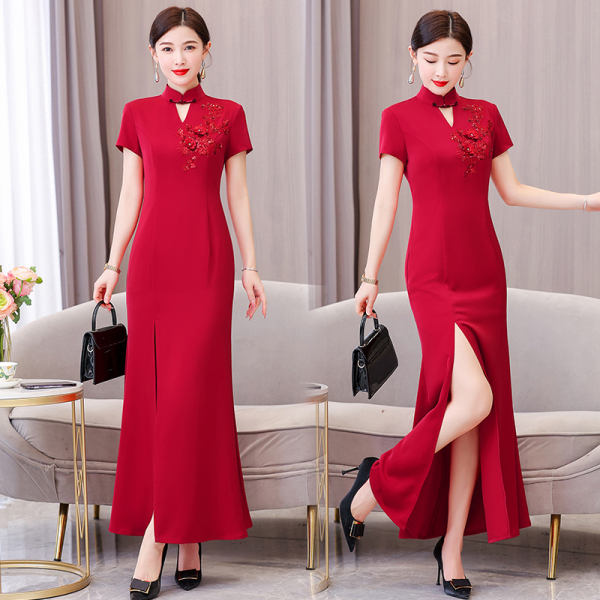 RM10623#春夏新款红色长款连衣裙喜婆婆妈妈婚宴装减龄长裙晚礼服
