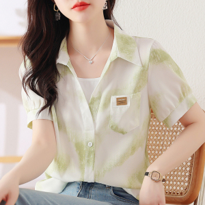 RM11583#夏新款印花韩版宽松短袖假两件拼接V领衬衫女设计感小众上衣