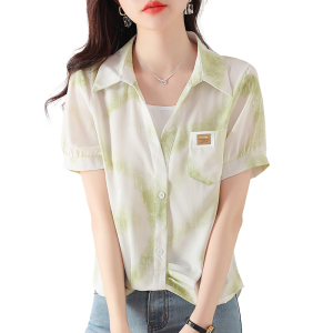 RM11583#夏新款印花韩版宽松短袖假两件拼接V领衬衫女设计感小众上衣