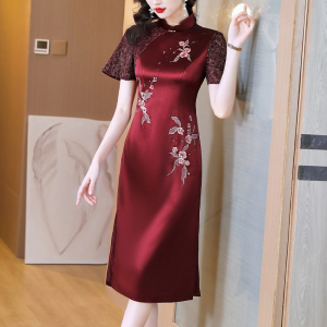 RM14023#醋酸刺绣 婚宴喜婆婆礼服改良旗袍连衣裙妈妈装敬酒服