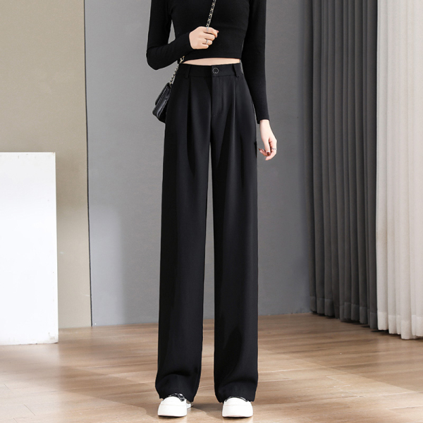 RM8578#黑色阔腿裤女夏季裤子2023年新款窄版直筒裤小个子高腰垂感西...