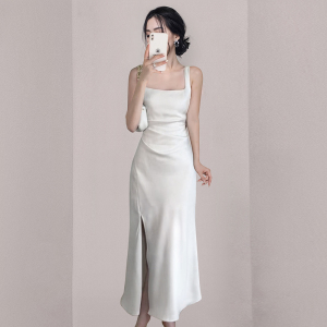 RM10099#夏新款白色吊带法式高级气质长款开叉收腰背心连衣裙
