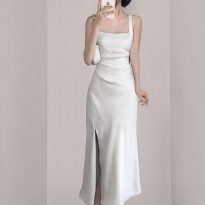RM10099#夏新款白色吊带法式高级气质长款开叉收腰背心连衣裙