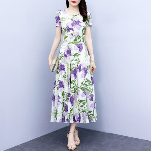 RM8770#紫色鸢尾花2023夏季新款雪纺碎花连衣裙大码胖mm收腰显瘦遮肚长裙