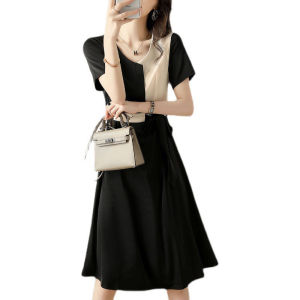 RM8444#法式连衣裙2023夏新款拼接高端气质高级感缎面系带中长款短袖裙子