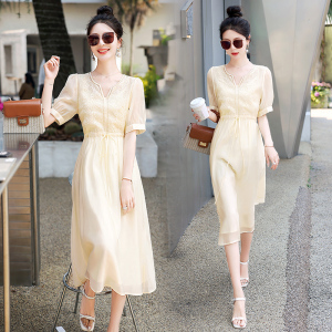 RM11826#夏季新款蕾丝提花V领收腰气质优雅长款高级感纯色天丝连衣裙