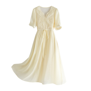 RM11826#夏季新款蕾丝提花V领收腰气质优雅长款高级感纯色天丝连衣裙
