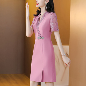RM18832#粉色连衣裙女短袖夏季高端轻熟别致气质重工钉珠亮片包臀裙