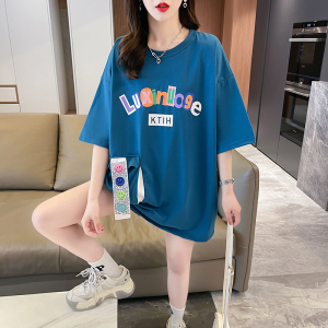 TR25382# 夏季韩版宽松棉字母印花口袋中长款大码短袖T恤女 服装批发女装服饰货源