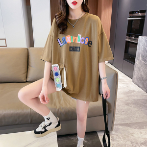 TR25382# 夏季韩版宽松棉字母印花口袋中长款大码短袖T恤女 服装批发女装服饰货源