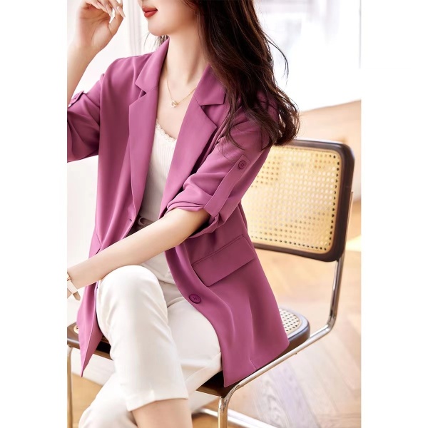 RM8289#紫粉色时尚薄款外套女2023年夏新款知性优雅休闲小西装七分袖...