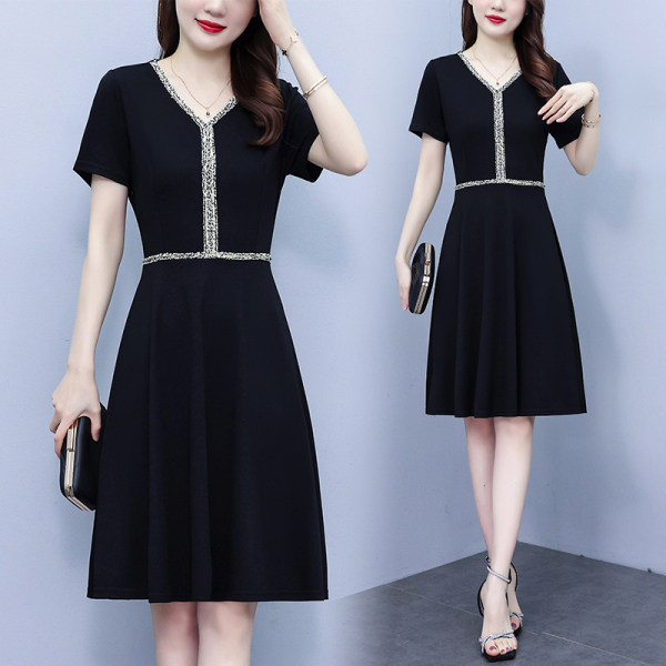 RM8227#新款高级感复古小黑裙女夏季气质修身黑色小香风短袖连衣裙