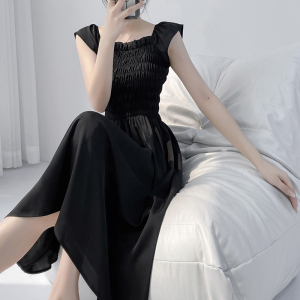 RM8346#梅子熟了竖琴曲83莱赛尔法式高级感黑色连衣裙2023春a字长裙
