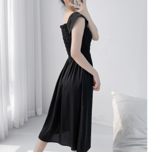 RM8346#梅子熟了竖琴曲83莱赛尔法式高级感黑色连衣裙2023春a字长裙