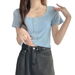 RM8763#夏季新款韩版方领单排扣假开衫设计感短款上衣女