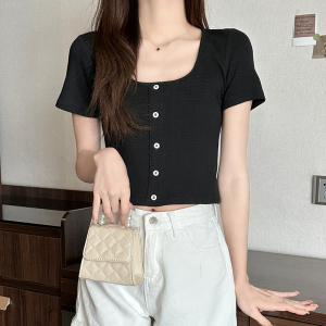 RM8763#夏季新款韩版方领单排扣假开衫设计感短款上衣女