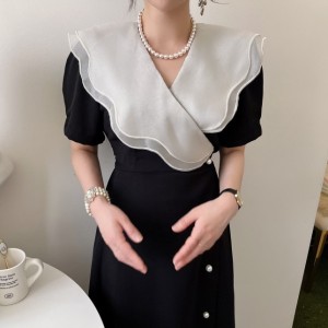 RM8574#韩版 INS 法式优雅撞色荷叶领纽扣收腰连衣裙